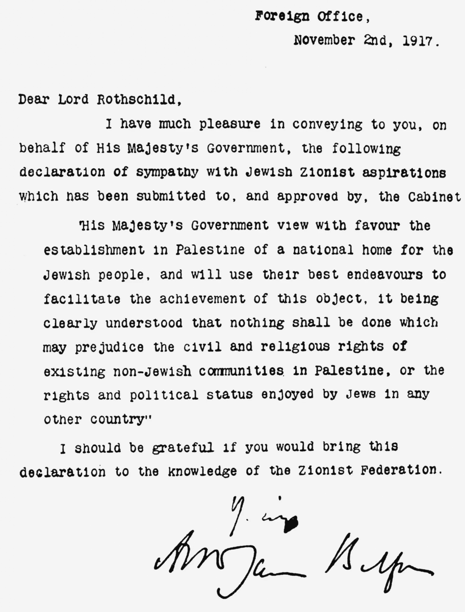 Texte de la Déclaration Balfour du 2 novembre 1917