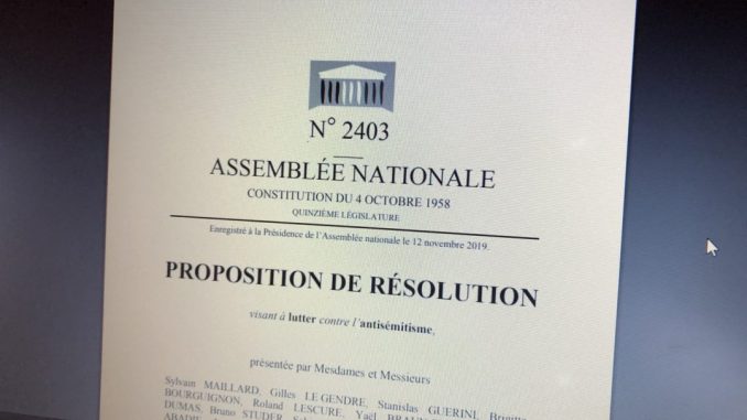 Proposition de résolution à l'Assemblée nationale pour lutter contre l'antisémitisme, décembre 2019