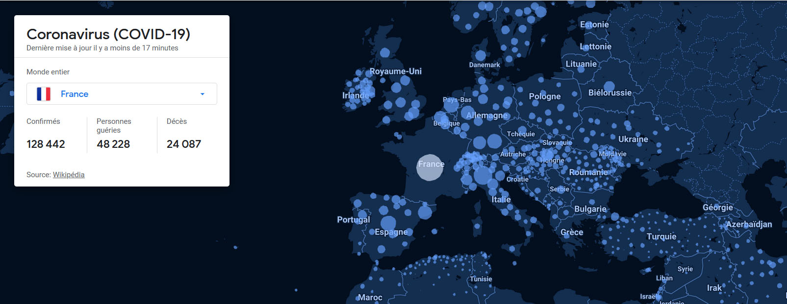 Carte interactive des données mondiales sur le coronavirus Covid-19