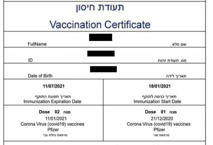 Israël : Certificat de vaccination au Covid-19