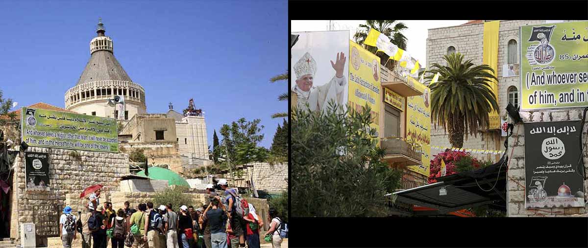 Slogans islamistes et drapeau de Daesh (ISIS) à Nazareth, Israël, en mai 2009, lors de la venue du pape Benoît XVI