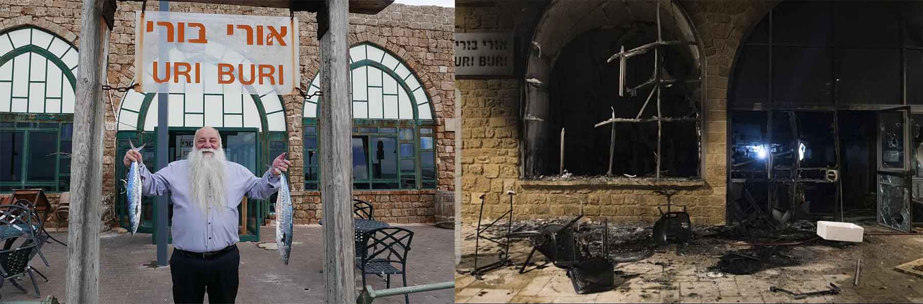 Uri Buri, le restaurant qui a été incendié à Akko le 11 mai 2021 (à gauche, avant l'incendie et avec son propriétaire, à droite, après l'incendie)