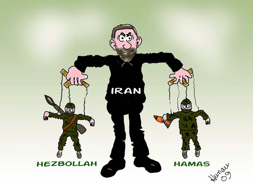 Caricature : un homme représentant l'Iran tien deux marionnettes : le Hezbollah et le Hamas ©Barry Hunau 2009