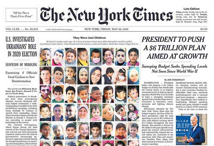 Une du journal américain New York Times du 28 mai 2021 avec le portrait des enfants palestiniens tués durant le conflit avec Israël