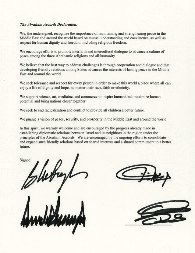 Texte signé des Accords d'Abraham, entre Israël, Bahreïn et les Émirats Arabes Unis, 15 septembre 2020