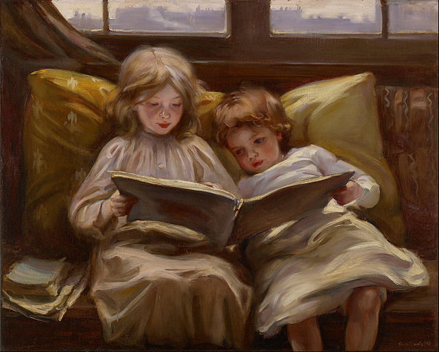 Deux petites filles lisant, peinture de Laura Muntz Lyall