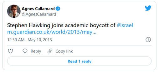 Tweet d'Agnes Callamard de 2013 en faveur du boycott d'Israël
