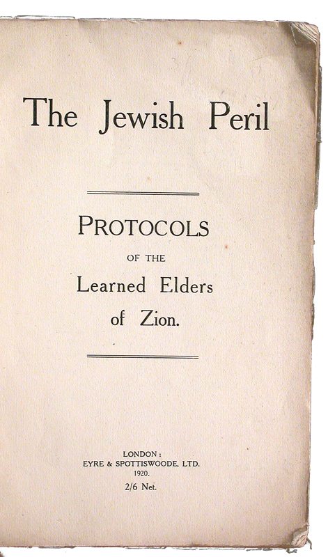 Page intérieur du livre "Protocoles des Sages de Sion" édité en anglais (Londres) en 1920