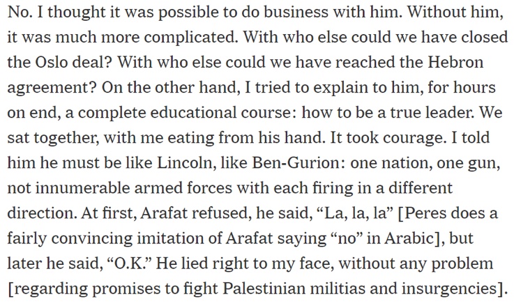 Réponse de Shimon Peres à une interview dans le New York Times sur la mort d'Arafat, 2013 