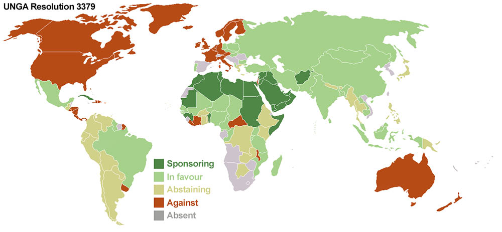 Carte des pays en faveur ou contre l résolution 3779 de l'ONU du 10 novembre 1975