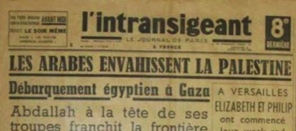 L'intransigeant, journal du 18 mai 1948 (8e dernière) titrant "Les Arabes envahissent la Palestine"