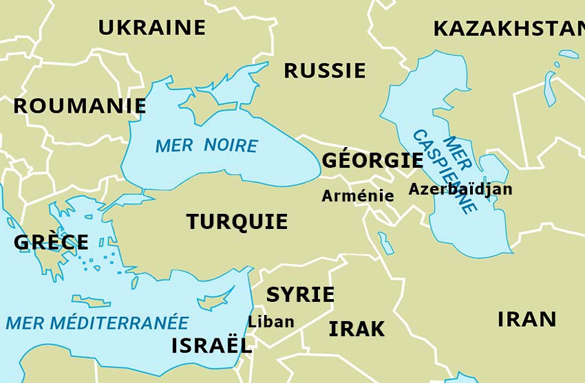 Carte des pays autour de la me Noire et de l'Est de la mer Méditerranée (Ukraine, Russie, Géorgie, Arménie, Azerbaïdjan, Turquie, Syrie, Irak, Israël, Liban, Irak, Iran)