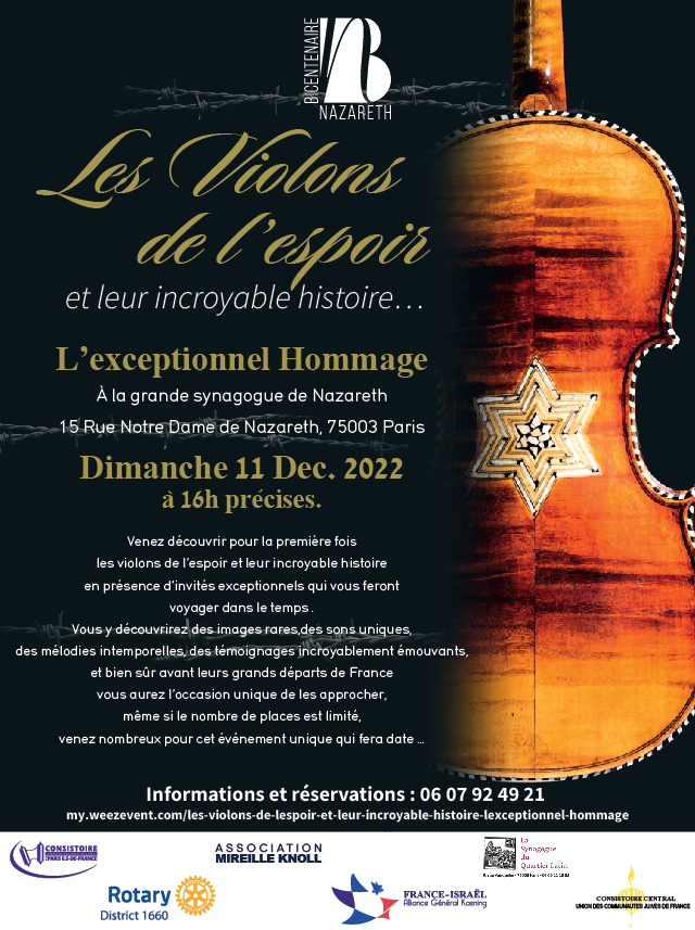 Affiche du concert "Les violons de l'espoir" à la synagogue de Nazareth décembre 2022