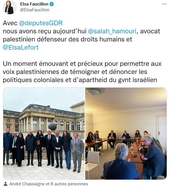 Elsa Faucillon, tweet du 24 janvier 2023 sur la venue de Salah Hamouri en France à l'Assemblée nationale