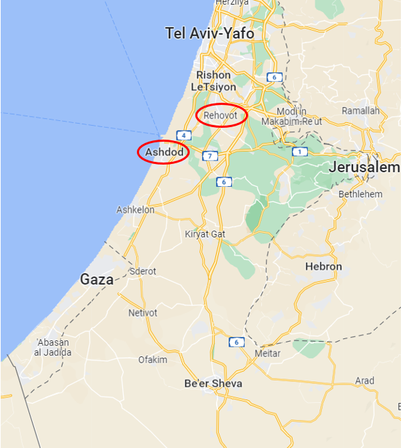 Carte de la partie centrale d'Israël, centrée sur les villes israéliennes d'Ashdod et de Rehovot