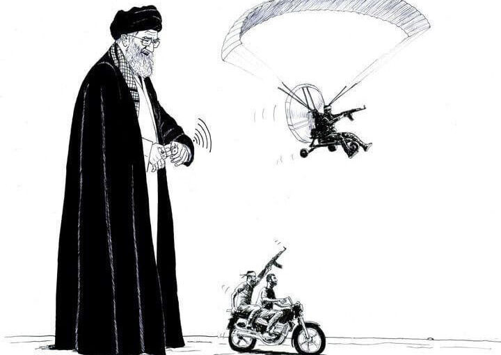 Caricature : l'Ayatollah Khamenei avec une télécommande pilote les terroristes en moto et ULM entrés en Israël le 7 octobre 2023