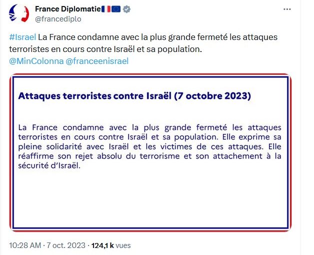 Communiqué du gouvernement français condamnant les tirs de roquettes du Hamas sur Israël (Catherine Colonna) 7 oct 2023