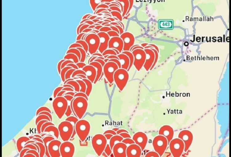 Sites des attaques en Israël le 7 octobre 2023. 5000 roquettes tirées par le Hamas dès l'aube. 
