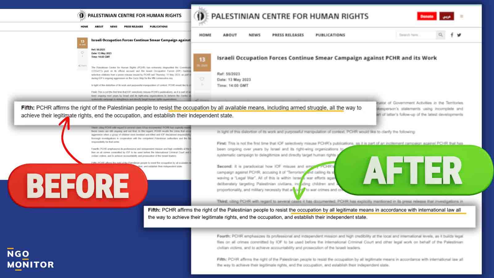 Communiqués de l'association palestinienne PCHR en mai 2023, avant et après rétractation