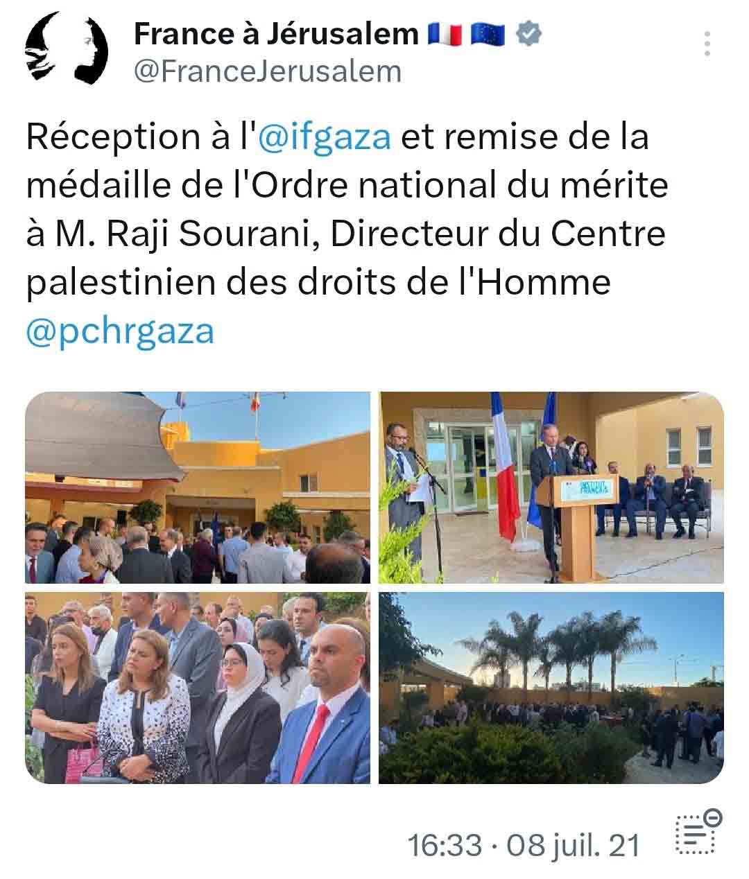 Tweet Ambassade France en Israël sur décoration association palestinienne juillet 2021
