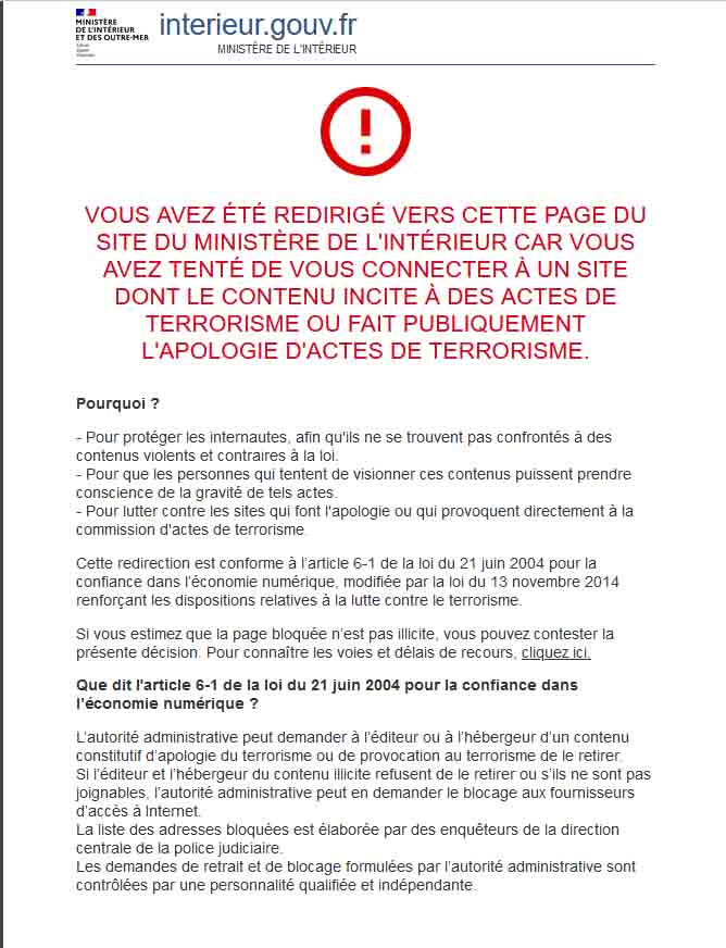 Alerte du ministère français de l’Intérieur quand on veut se connecter au site Al-Manar en français