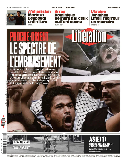 Une du journal Libération du 19 octobre 2023 avec un Arabe en colère tenant une image d'un bébé engendrée par l'intelligence artificielle