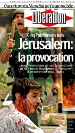 Une du journal Libération de septembre 2000 présentant un Israélien blessé comme un Palestinien