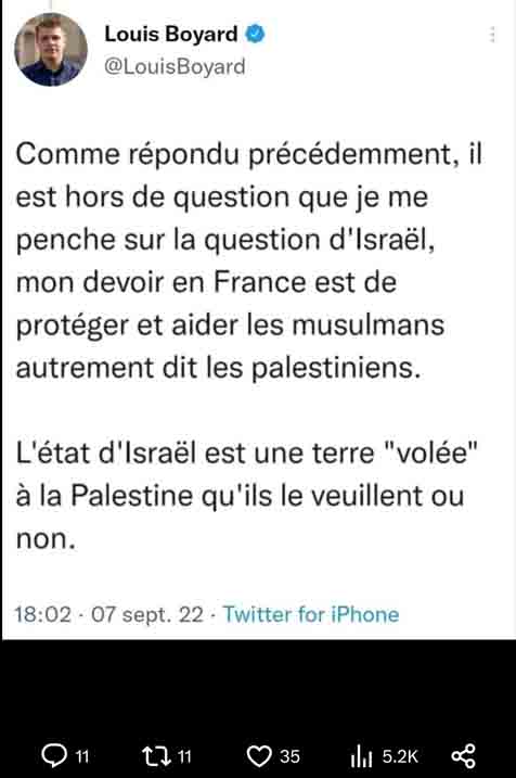 Tweet de Louis Boyard de septembre 2022 sur la "Palestine volée"